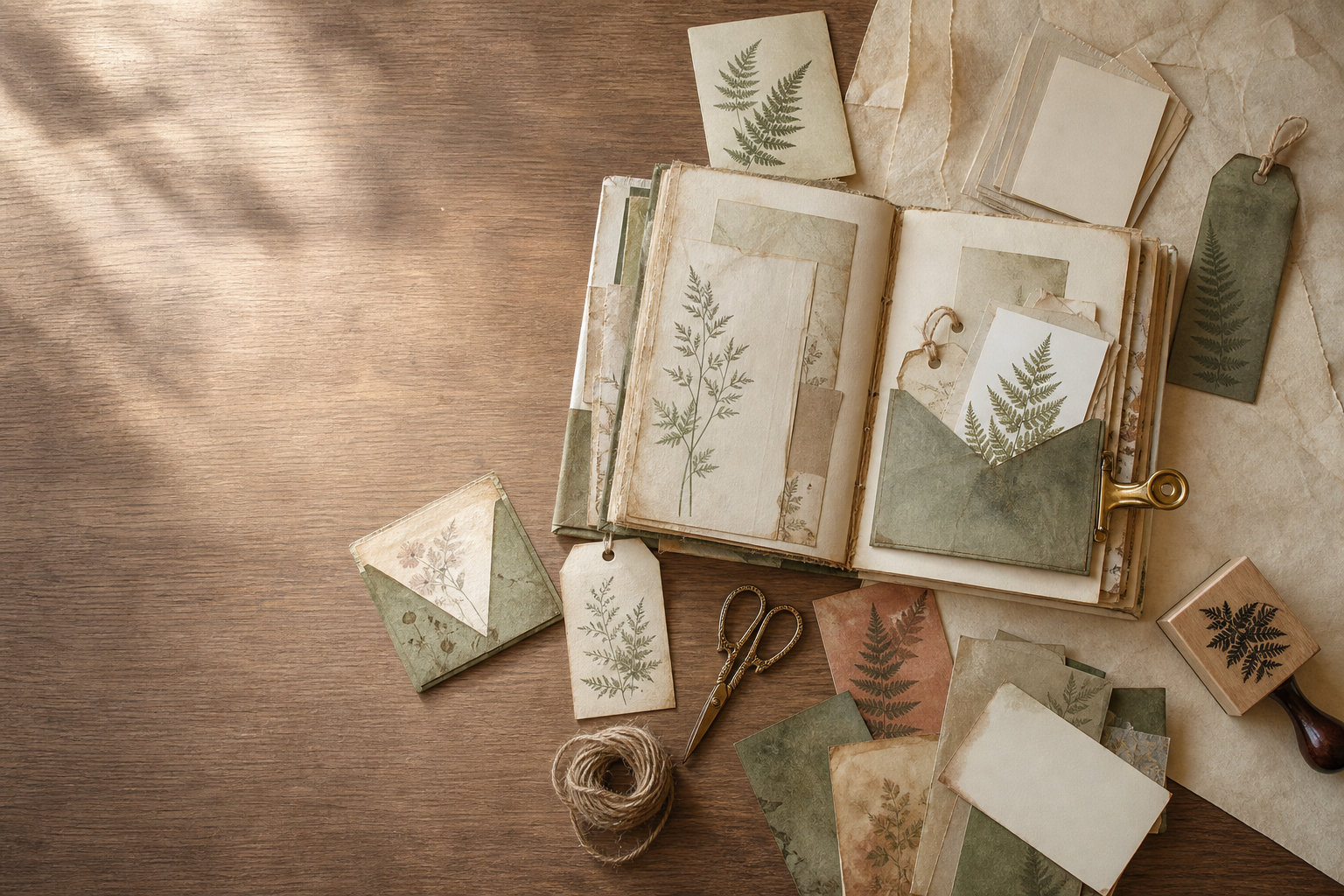 An open botanical junk journal with paper tags, pockets and tools on a wooden craft table