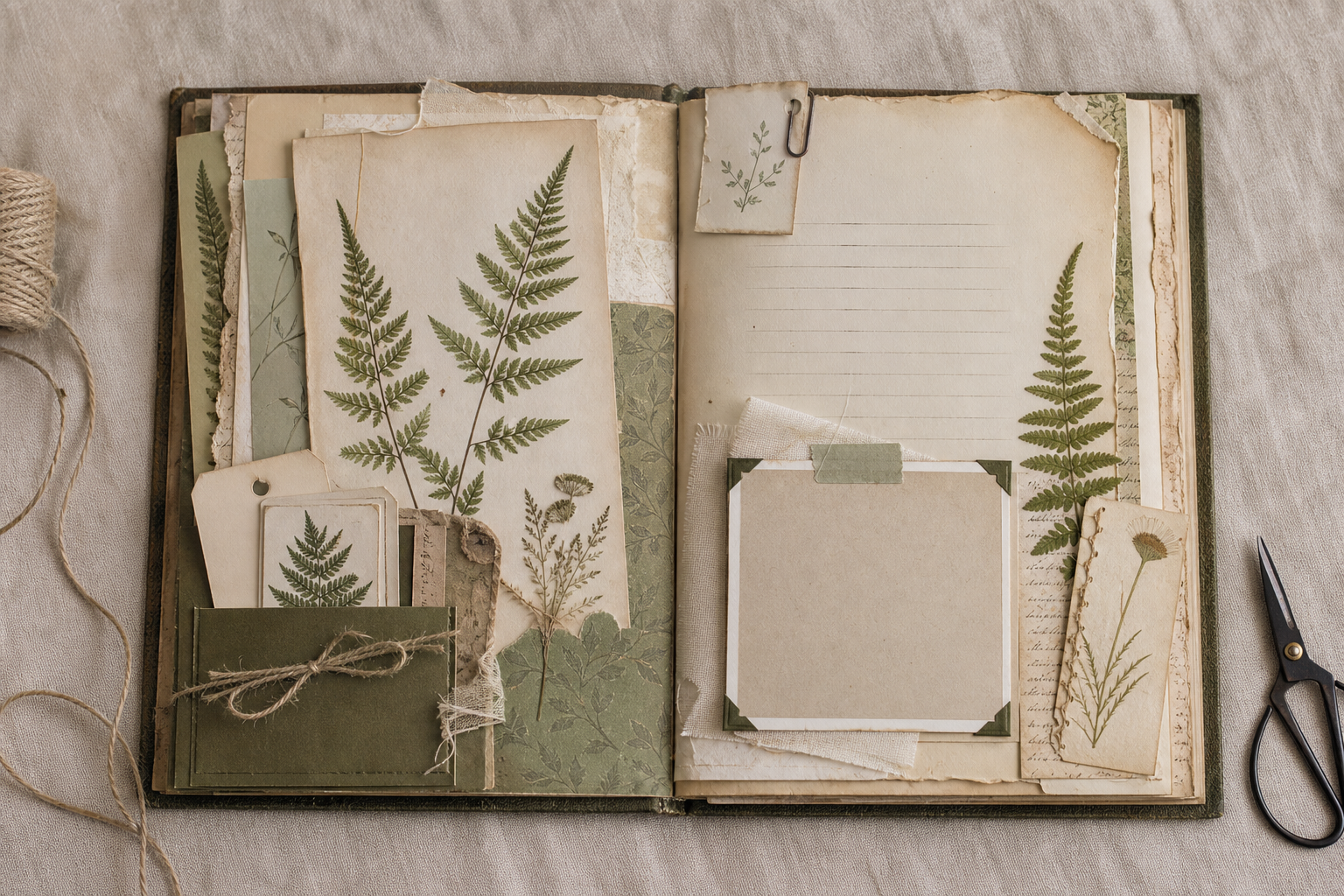 Completed botanical everyday journal spread with a small photograph, tags and paper pocket