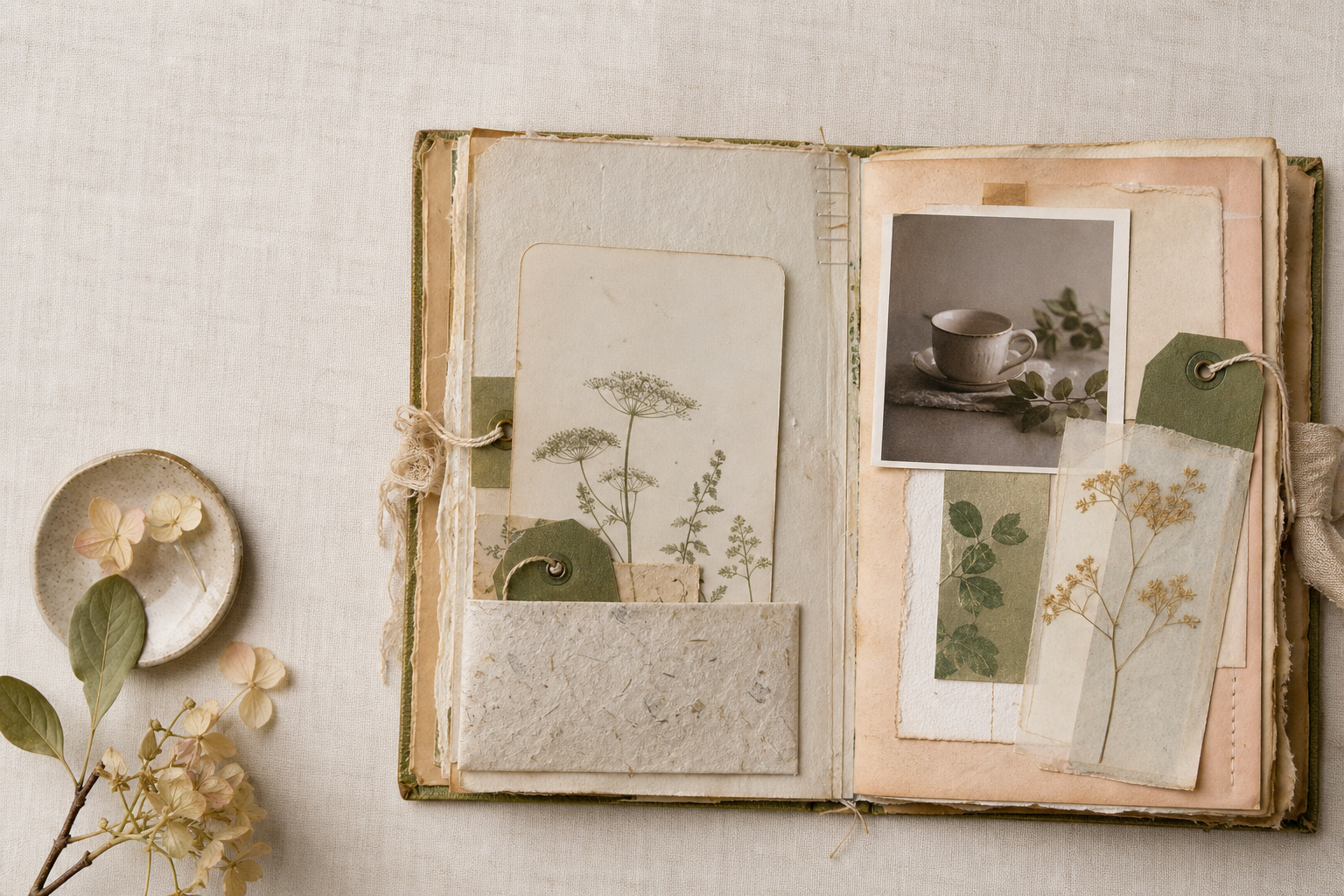 Completed botanical everyday journal spread with a small photograph, tags and paper pocket