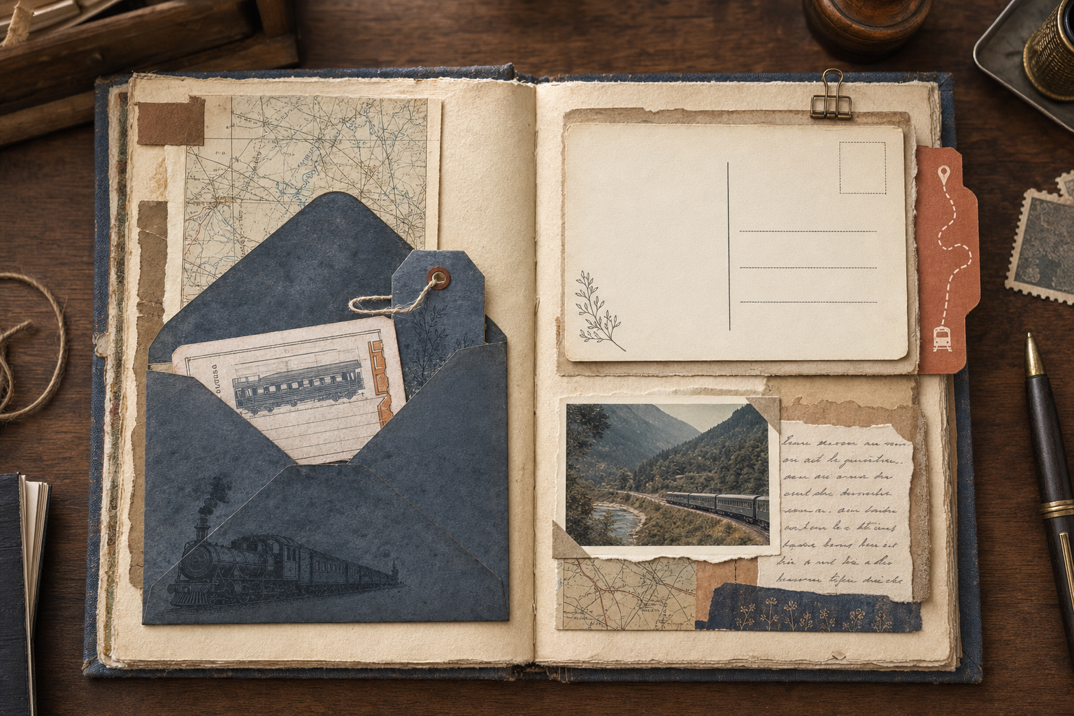 Completed vintage travel junk journal spread with a postcard, blue paper envelope and route tab