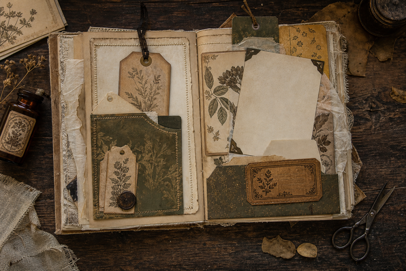 Completed ticket keepsake junk journal spread with an envelope pocket and botanical cards