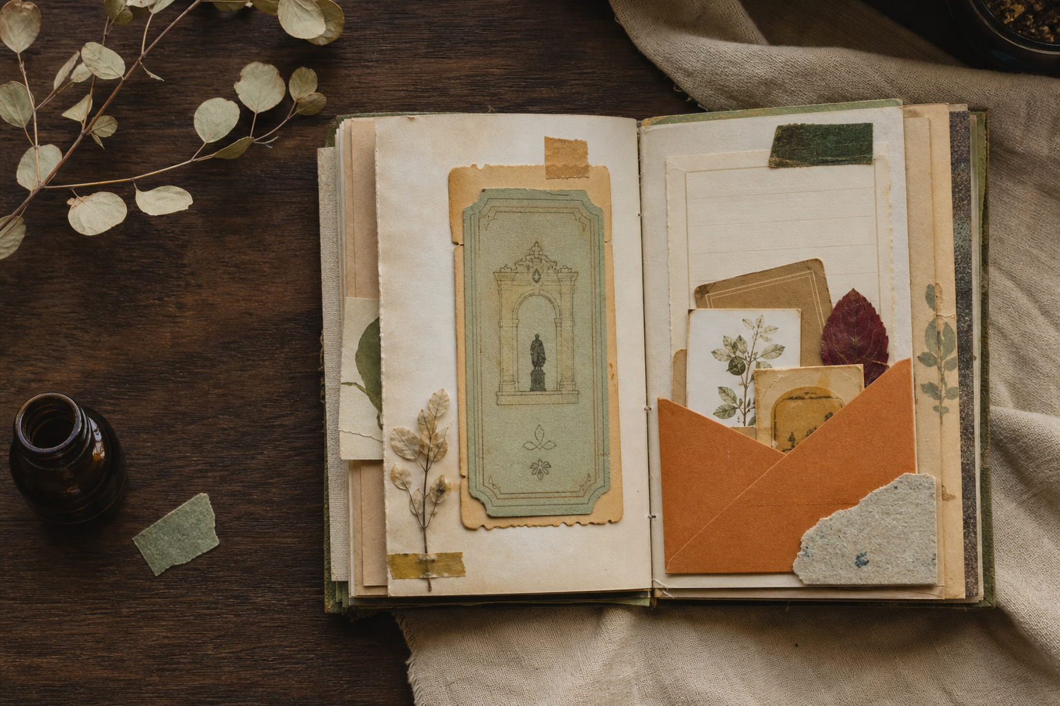 Completed ticket keepsake junk journal spread with an envelope pocket and botanical cards