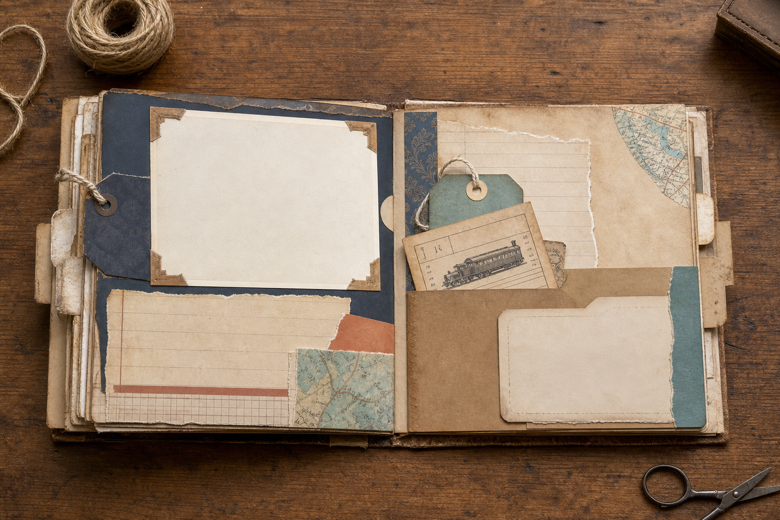 Completed travel memory junk journal spread with a photo, botanical cards and a paper pocket