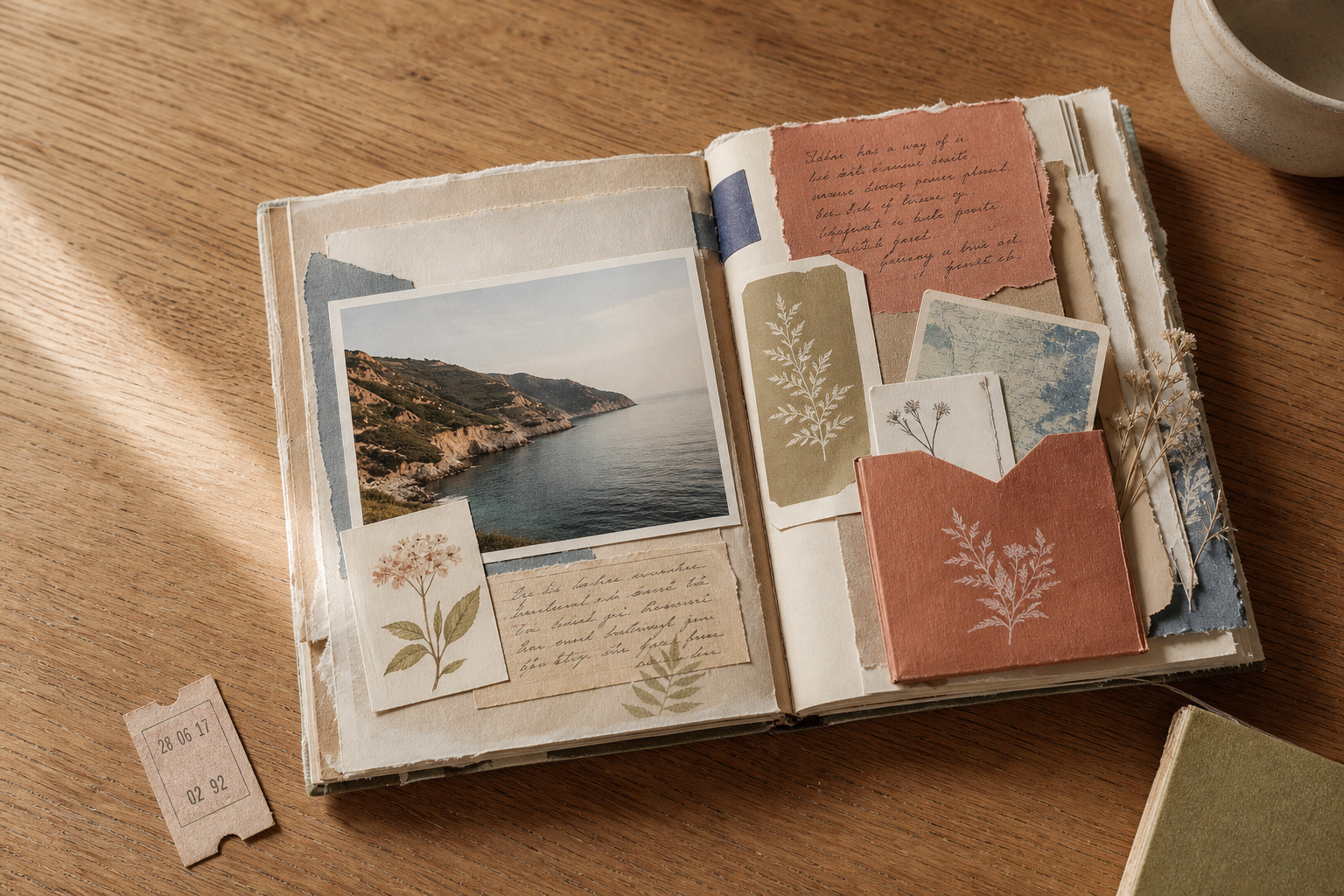 Completed travel memory junk journal spread with a photo, botanical cards and a paper pocket