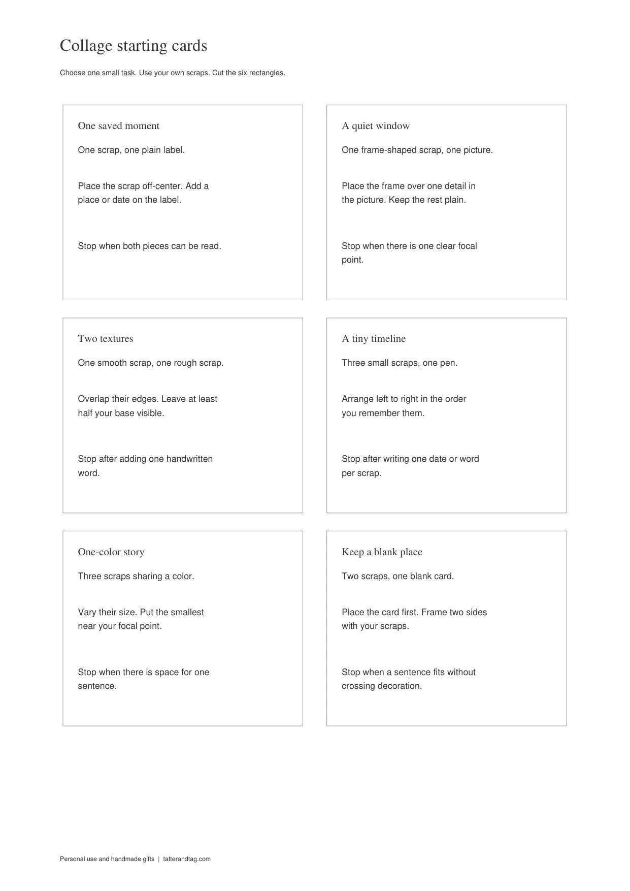 Six actual printable collage instruction cards with materials, first steps and stopping points
