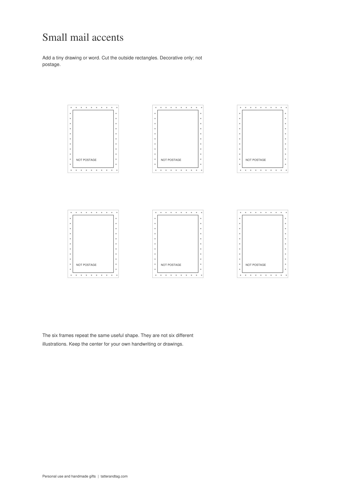 Six actual decorative paper stamp frames with open writing centers and NOT POSTAGE labels