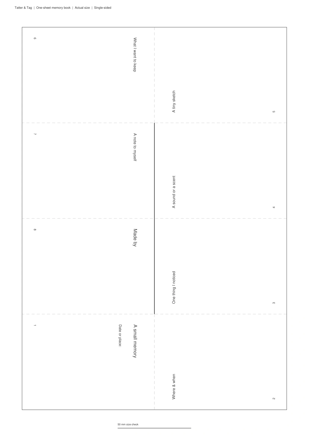 Actual numbered eight-page mini memory book template with dashed folds and one central cut