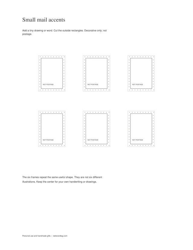 Six actual decorative paper stamp frames with open writing centers and NOT POSTAGE labels: full Letter printable sheet
